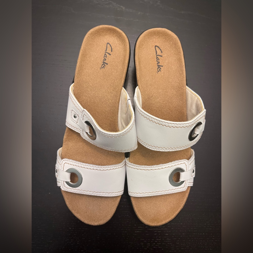 Clarks White Leather Wedge Sandals - 9.5